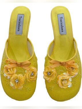Tracieshoes Yellow Floral Bow Mesh Slide Heels